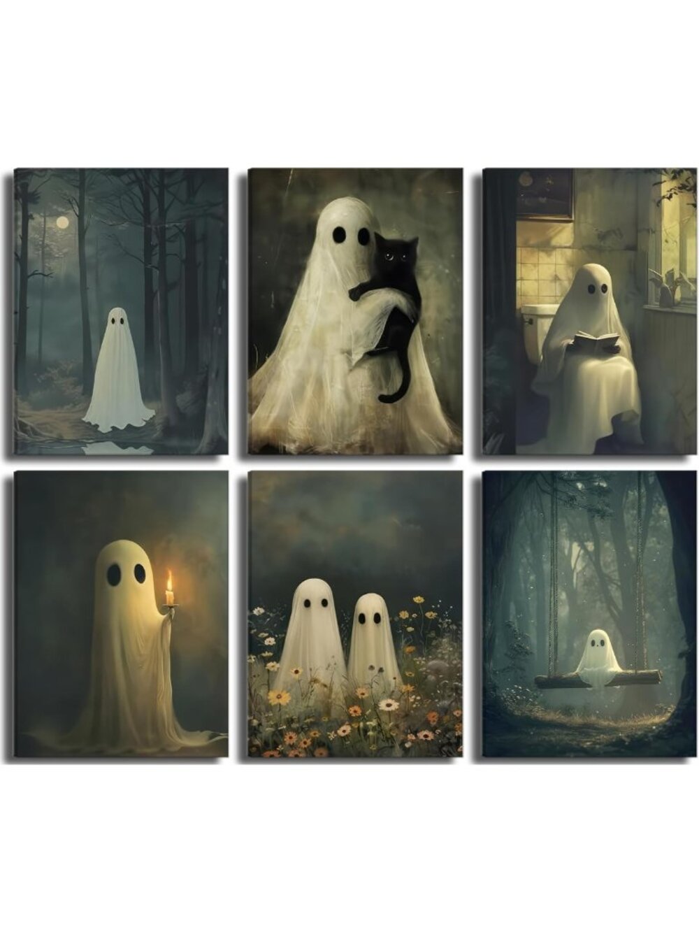 6Pcs Vintage Halloween Ghost Wall Art - Gothic Candle Decor, Retro Horror Prints